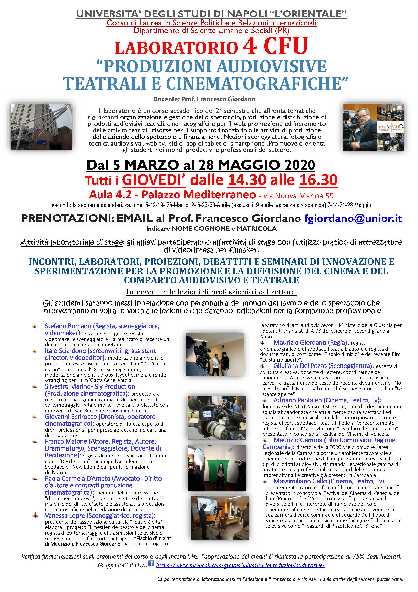 LABORATORIO DI PRODUZIONI AUDIOVISIVE, TEATRALI E CINEMATOGRAFICHE  - Prof. Francesco Giordano
